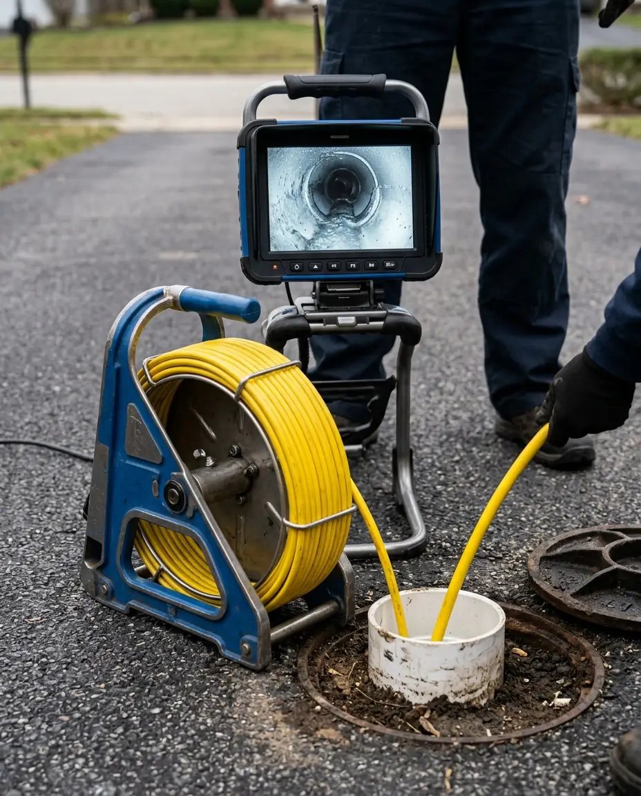 a sewer camera reel on a driveway beside an open cleanout, push cable disappearing into the connected riser, monitor screen glowing with the line view